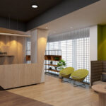 corporate office design reception area with logo and seater