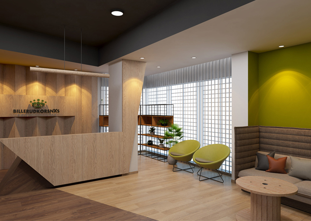 corporate office design reception area with logo and seater