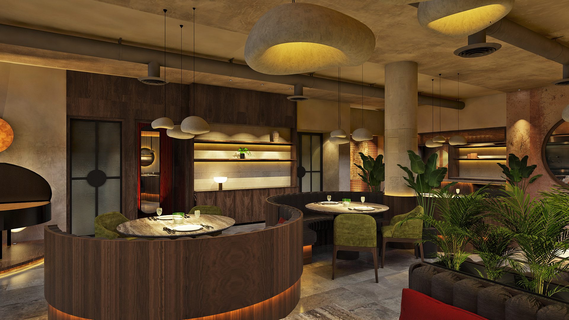 modern restaurant interior designt, showcasing the design of the dining area with a modern flair.