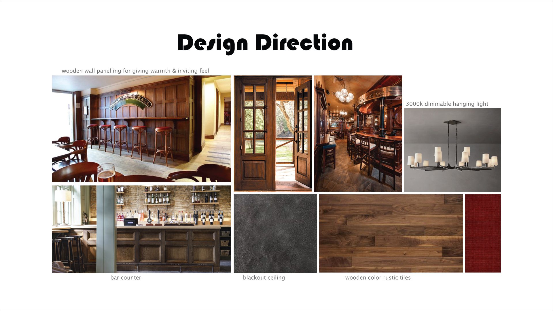mood board illustrating the color texture and ambience of bar & restaurant interior renovation.
